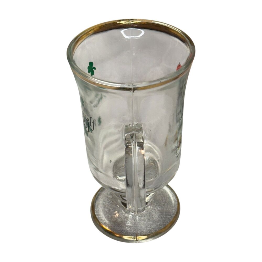 Vintage Irish Coffee Mug Clear Glass Clover Gold Rim with Handle Stem Drinkware - Picture 2 of 5